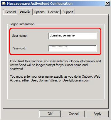 Save your OWA username and password securely within ActiveSend to enable the MailTo and SendTo functionality to email files with a single click.