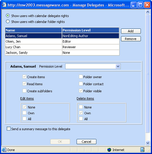Delegate support for manager/assistant relationships or team calendars.