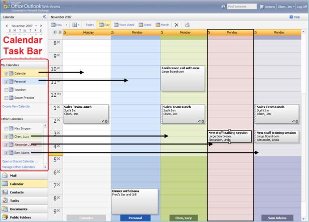 Distinguish between different calendars with color-coding and tabbed names.