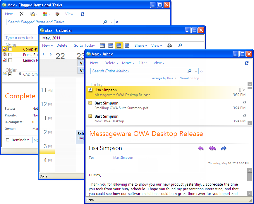 Clicking Inbox, Calendar or Tasks in OWA Desktop will display a compact, fully functional OWA Window in which you can create new, or modify existing entries.