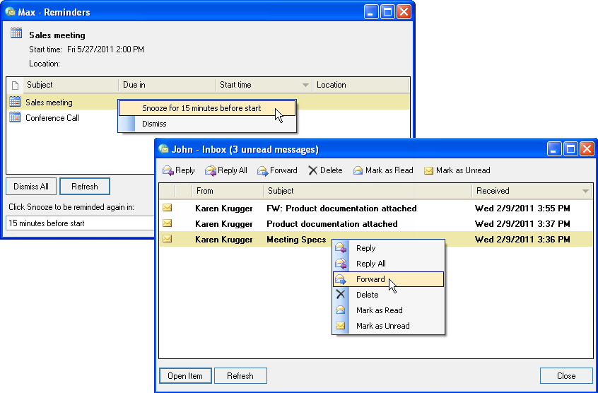 OWA Desktop has been designed with enhanced Reminder and Notification interactive windows. You will receive real time new mail notification and reminder pop-ups which notify you of upcoming or recently past appointments and meeting requests. You can easily work with these notifications from within the pop up.