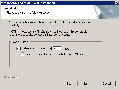 Administrators may choose whether Messageware SessionGuard will enforce a timeout based on user inactivity.