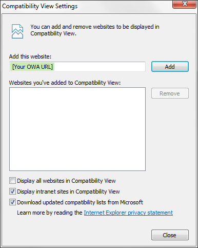 Adding OWA URL to Compatibility View Settings in IE10
