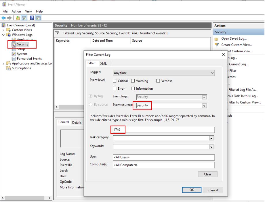 Filtering event viewer for account lockouts